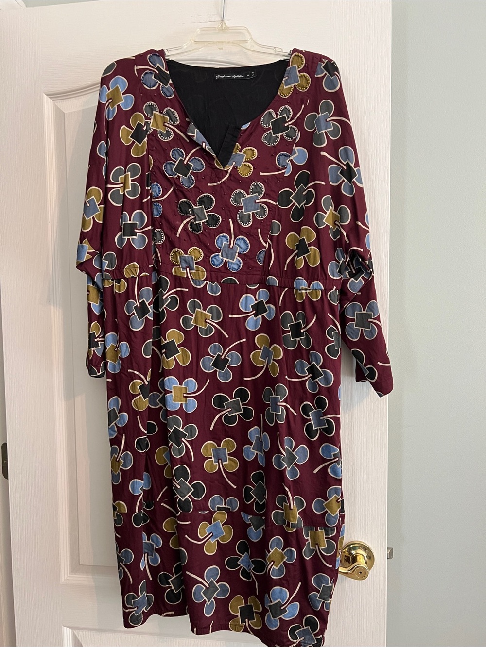 Gudrun Sjoden Floral Print V-Neck Midi Dress in Burgundy 18/20
